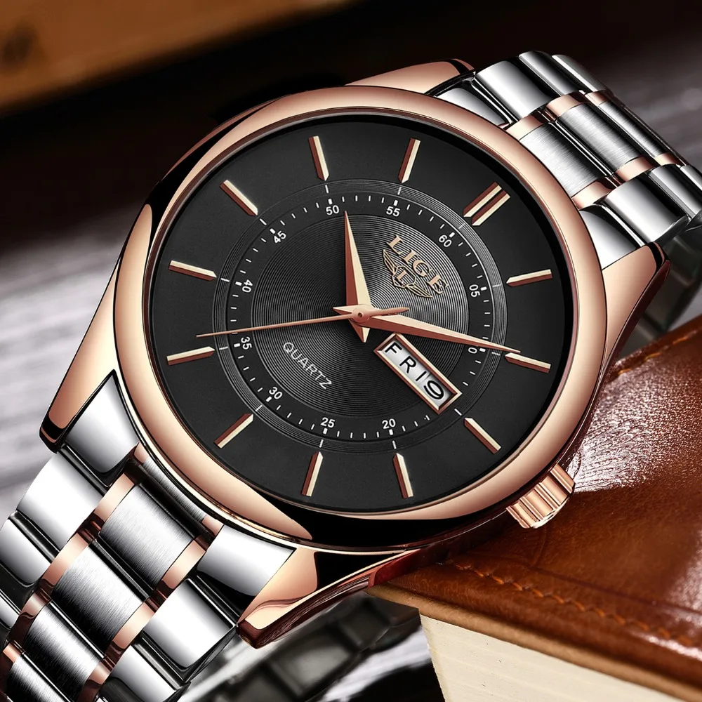 

2018 New Men Watch Brand LIGE Men's Simple Fashion Quartz Watches Stainless Steel Rose Gold Black Business Waterproof Male Clock