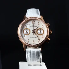 Seagull Rhinestones Bezel Mother of Pearl Dial White Genuine Leather Band Women Chronograph Watch 719.754L