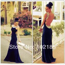 Marineblau Chiffon Abendkleid Bodenlangen Perlen Strass Open Back Backless Abend-kleid Frauen Freies Verschiffen N10