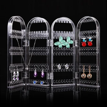 

Foldable 4 Panel Clear Acrylic Makeup Jewelry Organizer Holder Earring Stud Necklace Bracelet Case Cabinet Stand Shelf