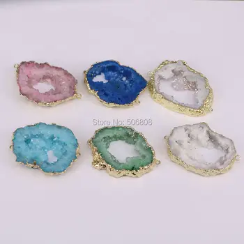 

10PCS ZYZ-C5944 Multicolor geode quartz stone beads, drusy quartz charms beads, gold color stone connector pendant beads