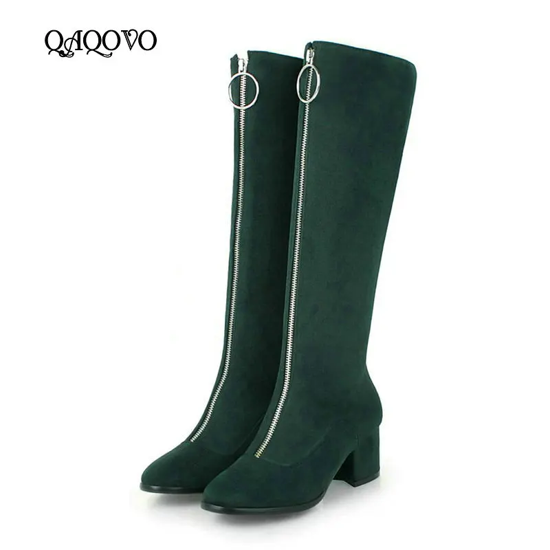 

Women Faux Suede Knee High Boots Fashion Zipper Boots comfy Thick Heel Square Toe Autumn Winter Boots Black Gray Green