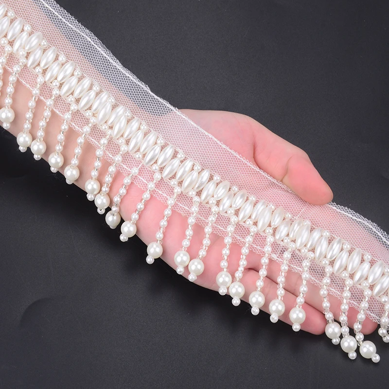 

1yards/lot Fancy Beaded Crystal pearl Tassels Flower Lace Trim Rhinestone Bridal Trim Dress Accessories Curtain Free Shipping