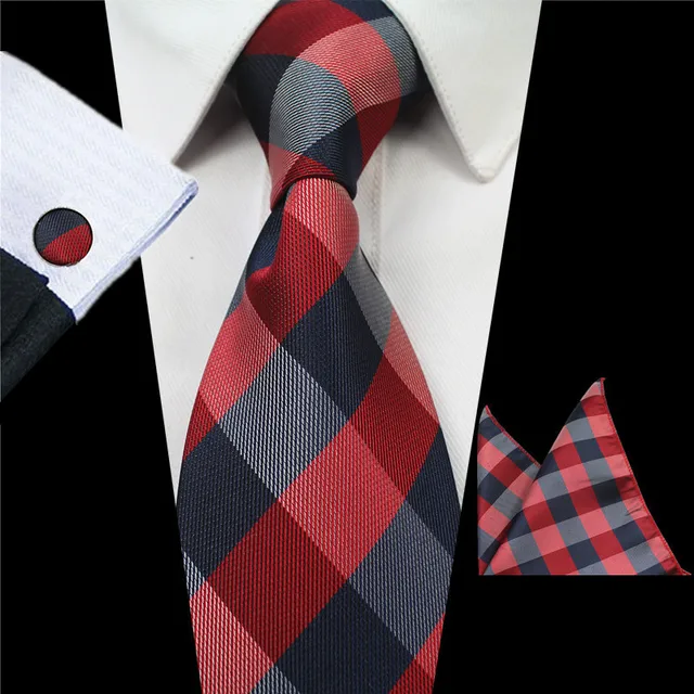 Classic Black Plaid Ties For Men Floral Pocket Square Red Striped Tie