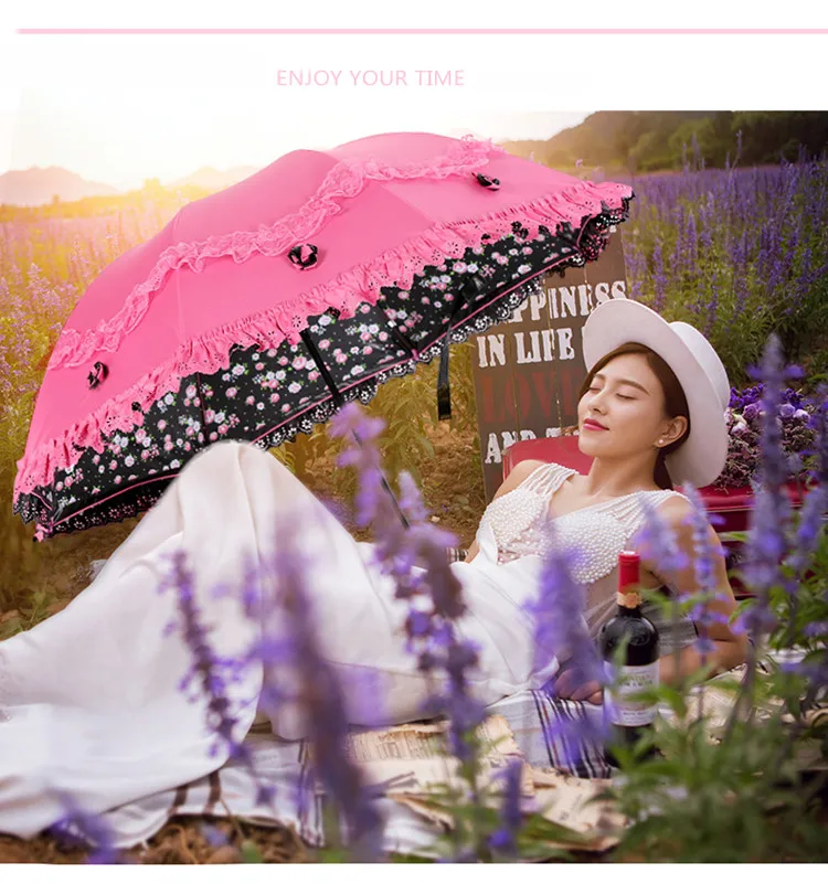 Korea Small Fresh Umbrellas Umbrella Rain Woman Folding Female Princess Sunscreen Lace Sun Umbrella UV Protection Goddess