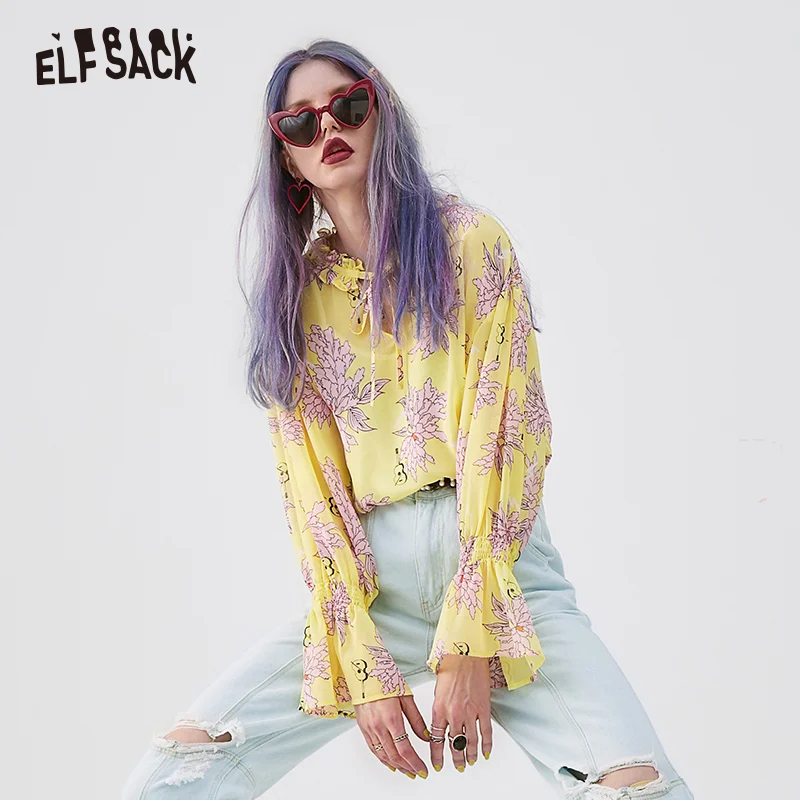 

ELF SACK Vintage Floral Print Women Blouses Fashion Ruffles Butterfly Sleeve Female Shirts 2019 Summer V-Neck Lace up Tops