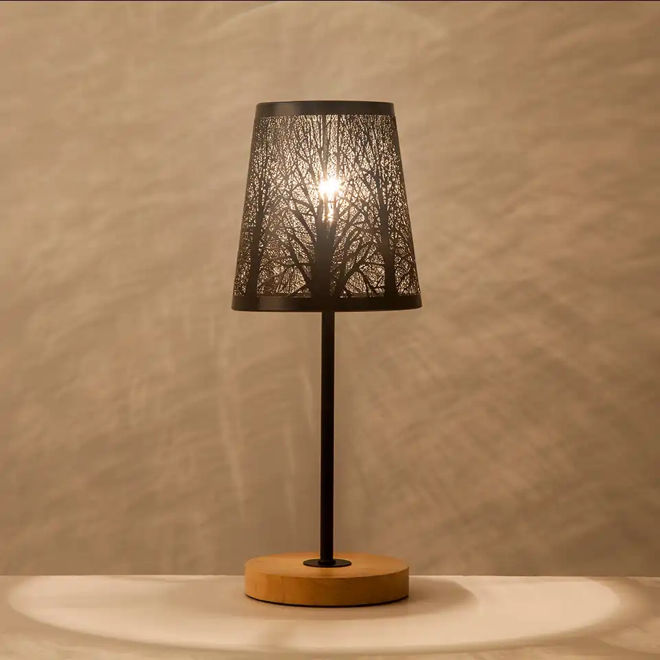 Oygroup Wrought Iron Hollow Lamp Shade Wood Base