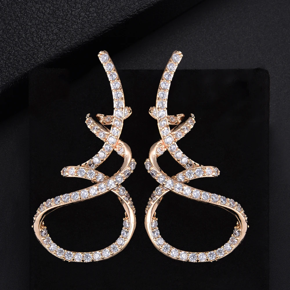 38mm Women Unique Irregular Twine Geometric Full CZ Stud Earrings For Bridal Engagement Earrings Jewelry