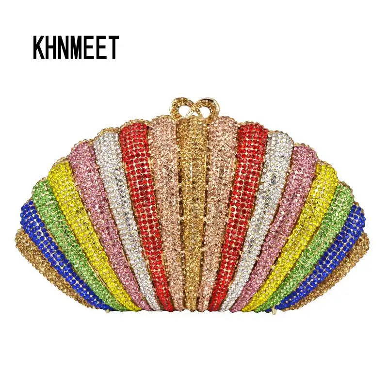 

Fashion Luxury Multicolor Crystal Evening Bag rainbow Color Diamond Clutch Bag Purse soiree pochette Wedding banquet Bag SC556