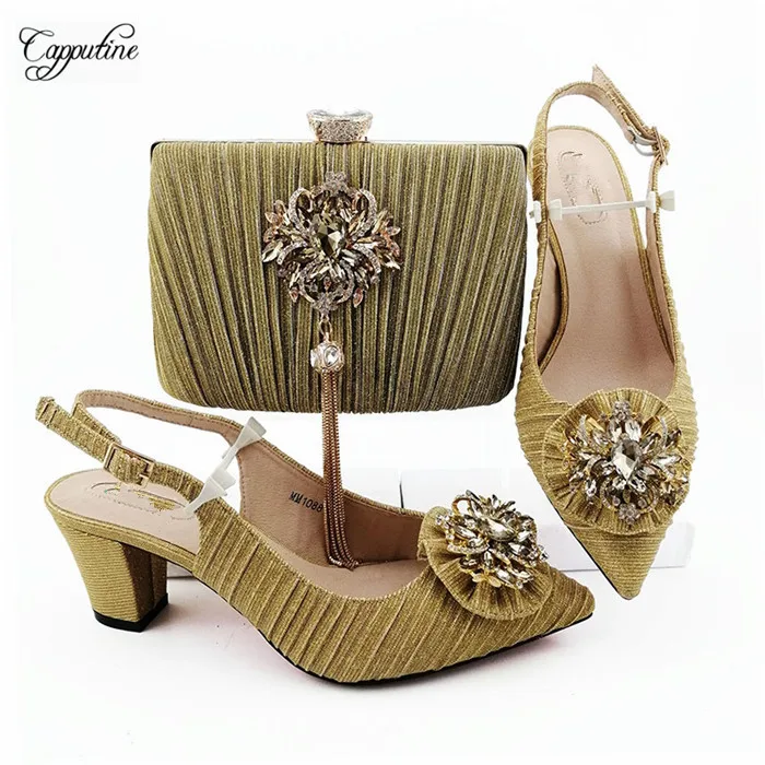 

Elegant lady high heel pointed toe pump gold shoes and purse handbag set with shinning stones MM1088, heel height 6.8cm