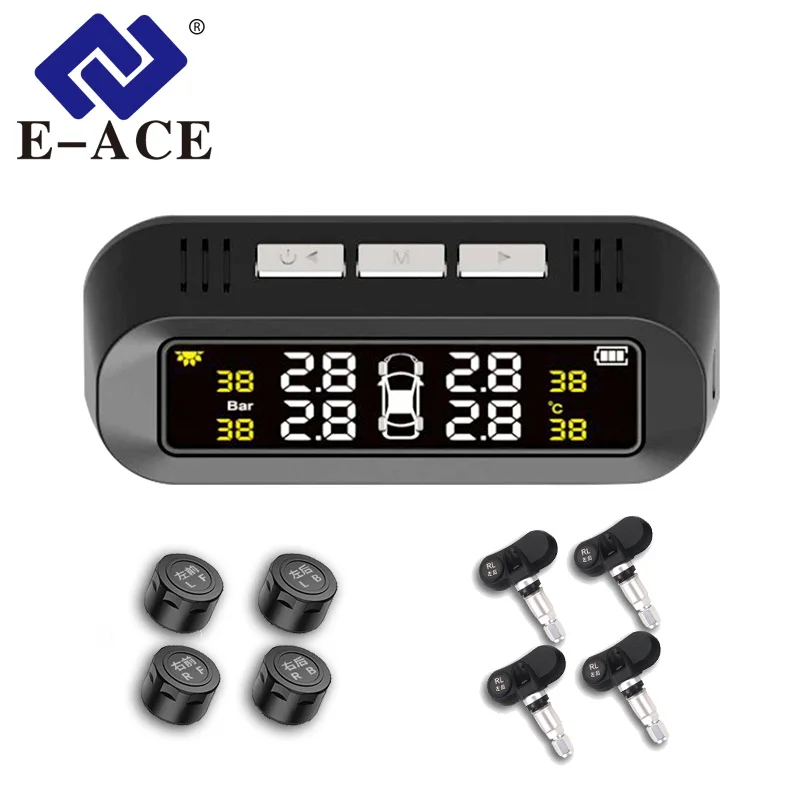 

E-ACE Solar Smart TPMS Car Tire Pressure Alarm Monitor System 4 sensors Display Intelligent Tyre Pressure Temperature Warning