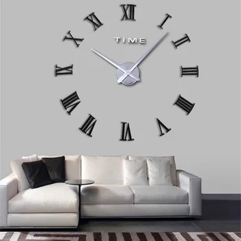 

Large DIY Roman Numeral Wall Clock Home Decor 3D Mirrors Acrylic wall mirror clock Stickers Cool Big Timer Silver and Black