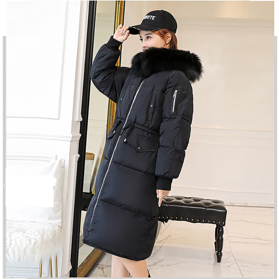 Winter women Down Coat Long Section Thick Fur Collar Warm Korean Version Large Size Waist Draws Loose Cotton Coat Fashion New