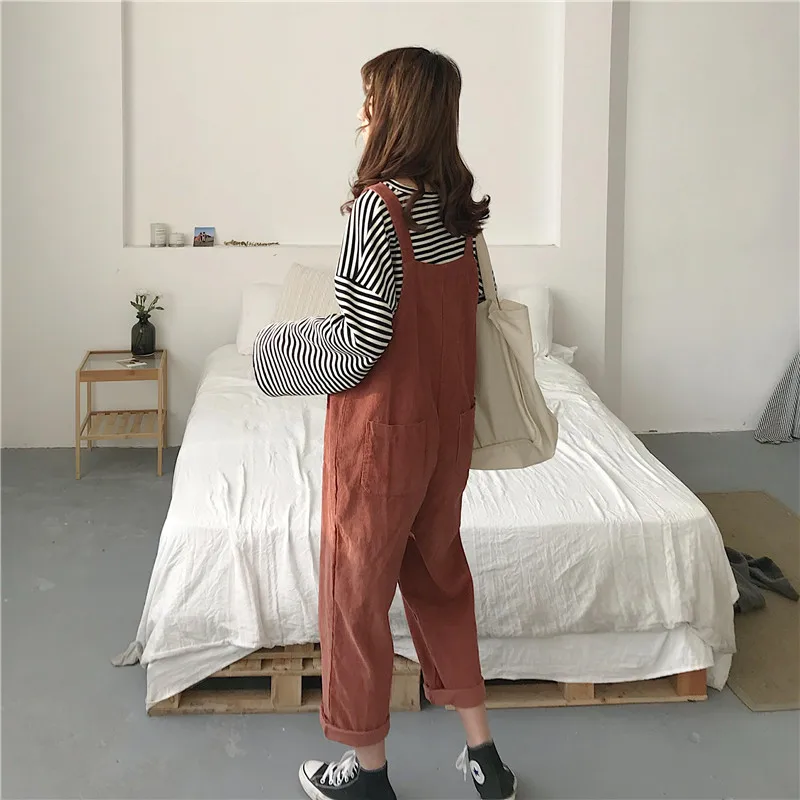 EXOTAO Corduroy Loose Casual Bodysuit for Female Retro Pocket Adjustable Lace Feminino Jumpsuits All Match Solid Lady Macacao
