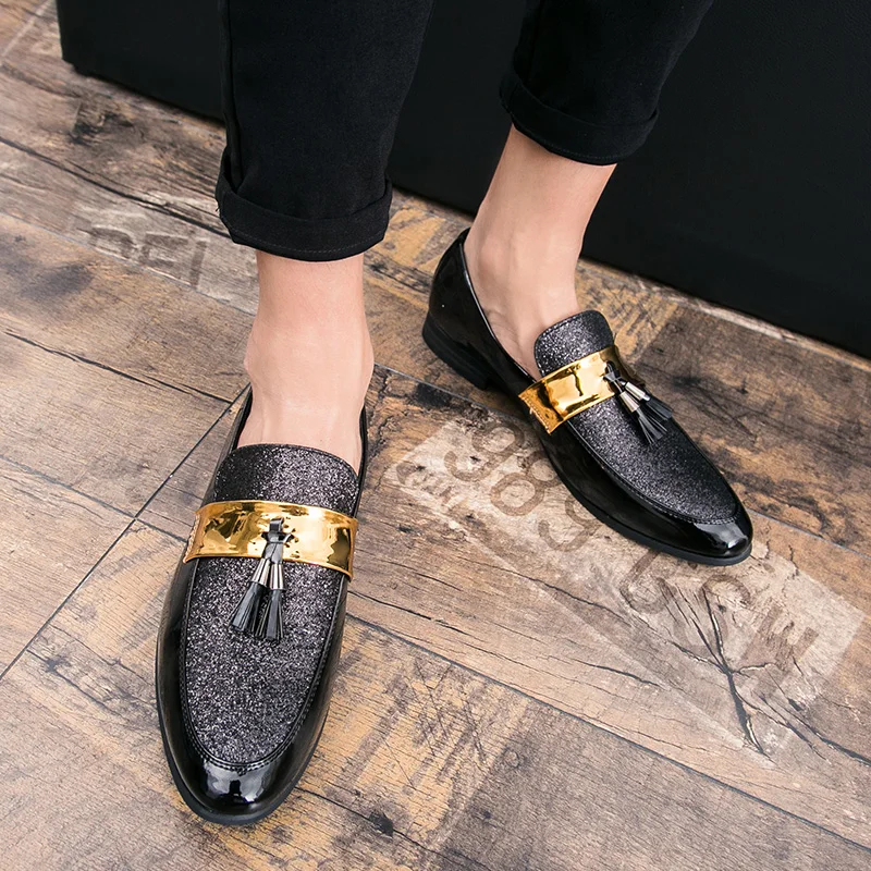 

GOODRSSON PU leather men casual shoes formal patchwork shoes for man nightclub glitter flat dress footwear 2019 new fashion