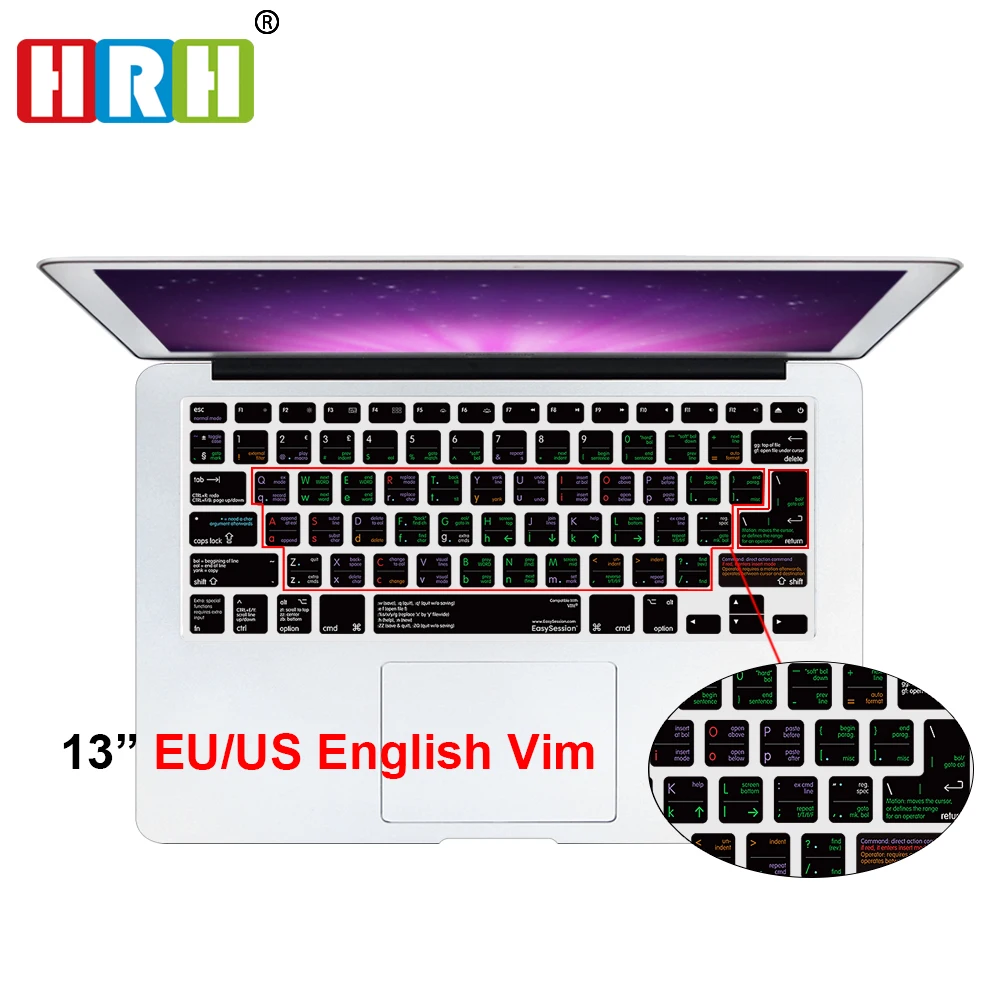 HRH VIM / VI Funkční zkratky Horké tlačítko Silikonový kryt klávesnice Kůže pro Macbook Air 13 Pro Retina 13 15 17 Rozložení EU / USA