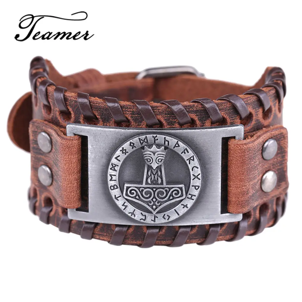 

Teamer Thor's Hammer Charm Bracelets Men Leather Wrap Bracelets Bangles Runes Nordic Jewelry Accessories
