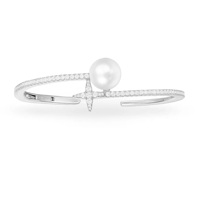 

SLJELY Real 925 Sterling Silver Freshwater Pearl Open Cuff Zirconia Stones Star Bangle Statement Bracelet Women Monaco Jewelry