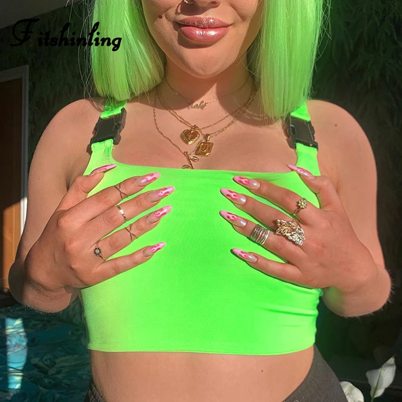 

Fitshinling Fashion streetwear neon green women camis buckle fluorescence sleeveless crop top female shirt sexy slim camisole