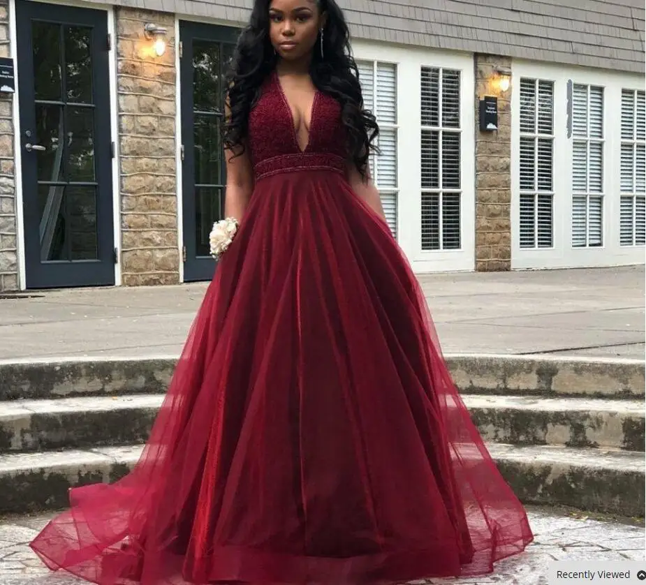 2019 Modern Burgundy A Line Prom Dresses Deep V Neck Beading Backless Tulle Formal Gown Tiered Skirt Girls Evening Dress | Свадьбы и