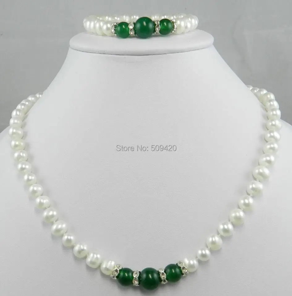 

Free Shipping >>>8mm White shell Pearl & Emerald Necklace Bracelet set AAA ML2300