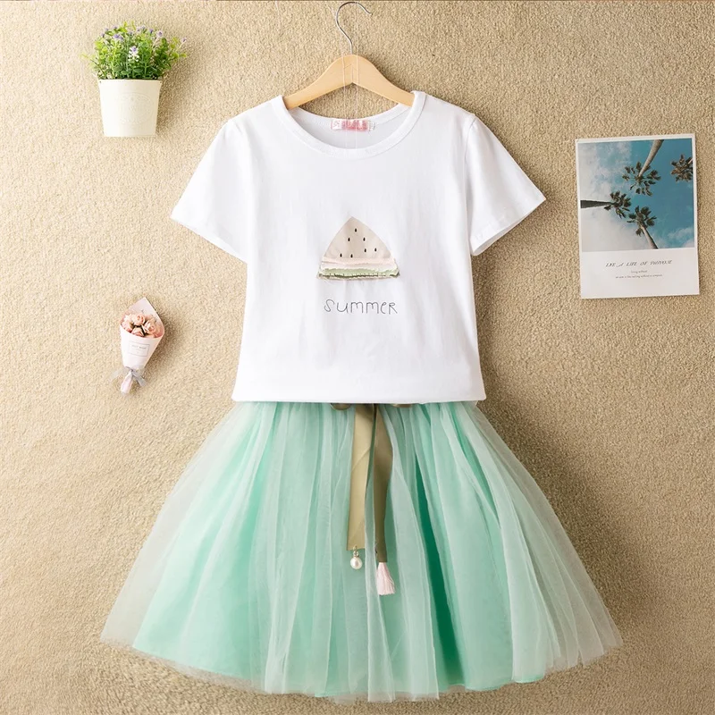 

Kids Girls Summer Clothes Sets Watermelon Printed Toddler Baby Clothes Suits White T-shirt Tutu Skirt Sets Children Clothing