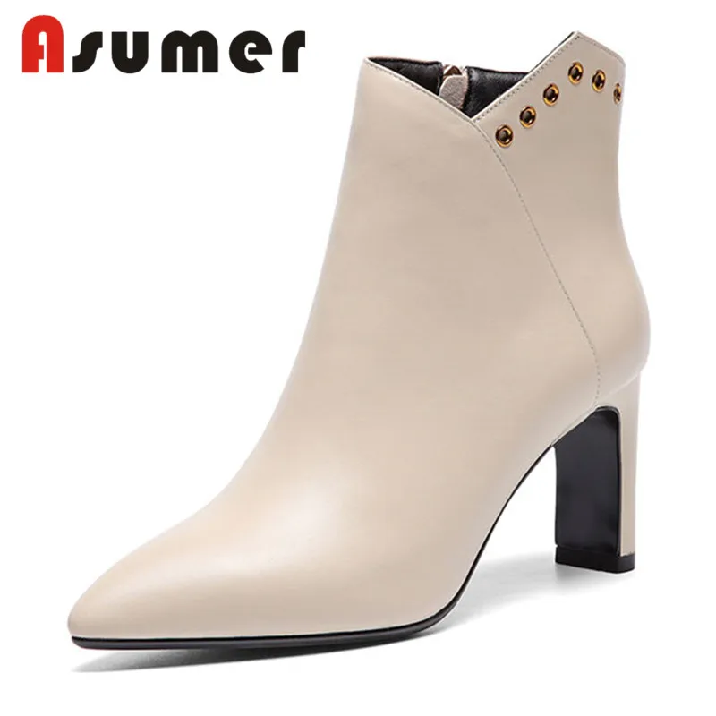 

ASUMER 2020 FASHION solid simple ankle boots for women adult pointed toe high heels boots zip sexy winter genuine leather boots
