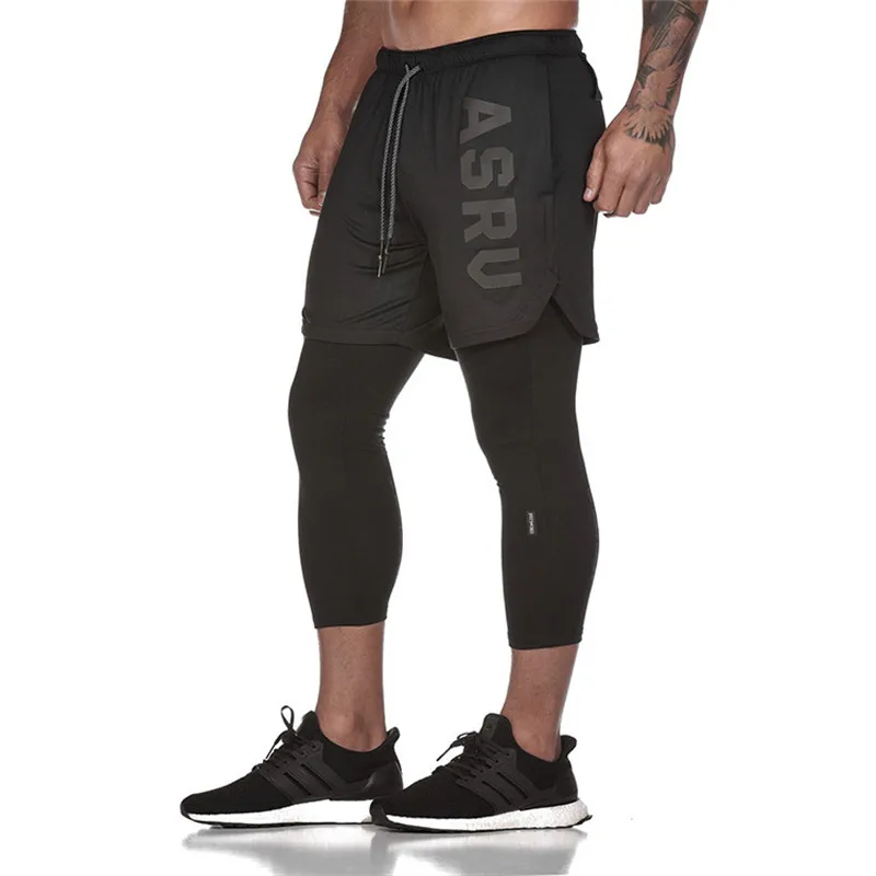 

2019 New Sporting Pants Men Elastic Breathable Fake Two Piece Running Training Pants Gyms Ankle-Length Pants Plus Size XXXL