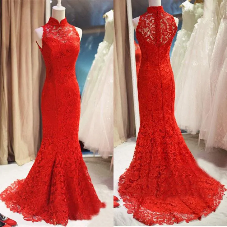 Hot Sale Chinese Red High Collar Sleeveless Long Prom Dress Lace Mermaid Sweep Train Zipper Sexy Formal Evening Party Dresses Gowns Hot Sale