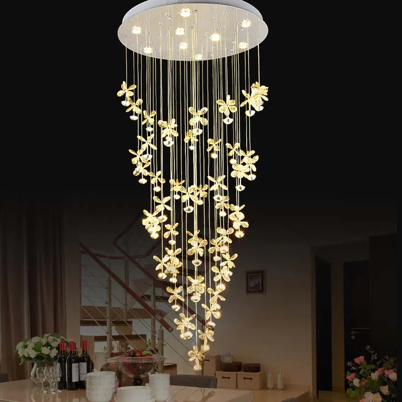 

New Crystal Flowers Light Fixtures Staircase Chandelier Lamp Villa Luxury Crystal Living Room Lights