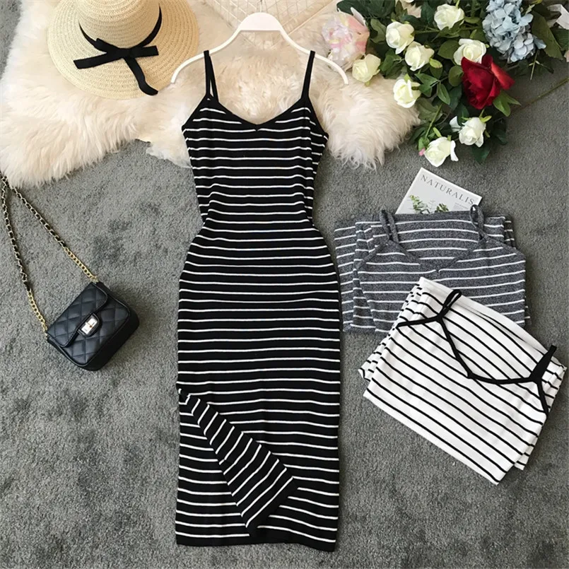 

Slim V Neck Sexy Summer Striped Print Knit Midi Long Dress Women Spaghetti Strap Casual Side Split Party Bodycon Vestidos