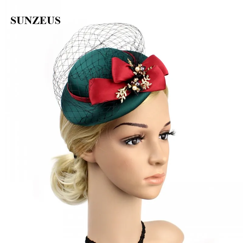 Emerald Green Satin Bridal Hats with Red Bow Charming Wedding Hats