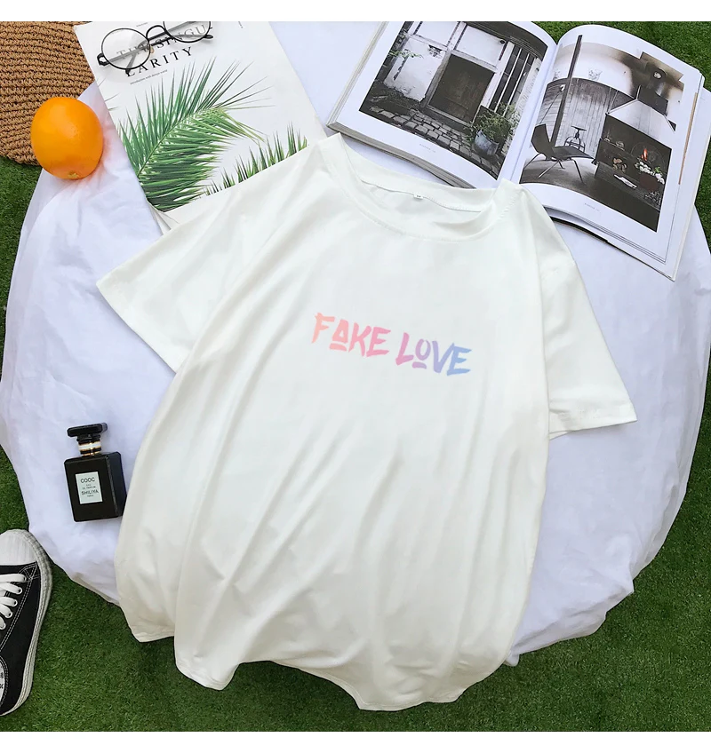FAKE LOVE Album T Shirts Women Summer Korean Kpop Letter Print Tshirt Harajuku Casual Kawaii Tops Streetwear Camisas Mujer Shirt (11)