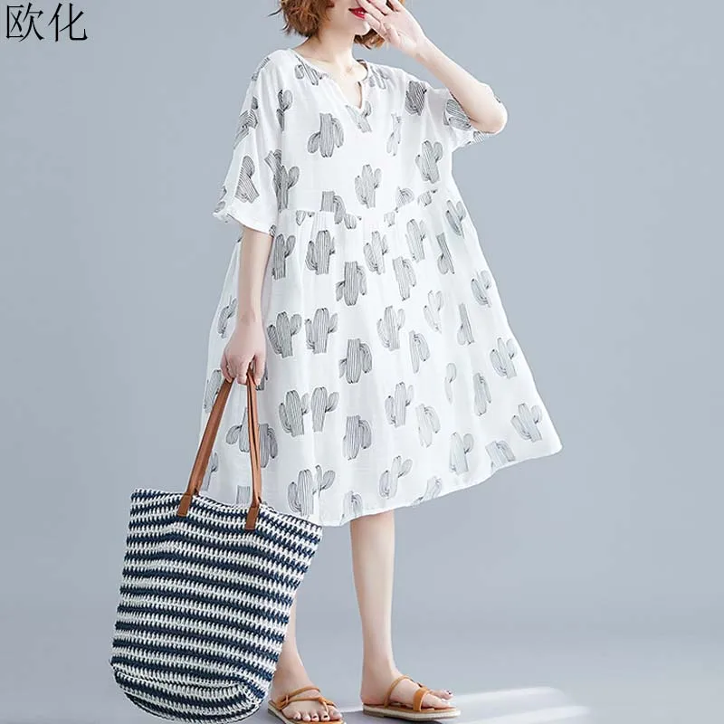 

2019 Summer Cotton Linen Women Dress Loose Kawaii Cactus Printed Dress Vintage Big Size Batwing Big Swing Midi Dresses 2019 New