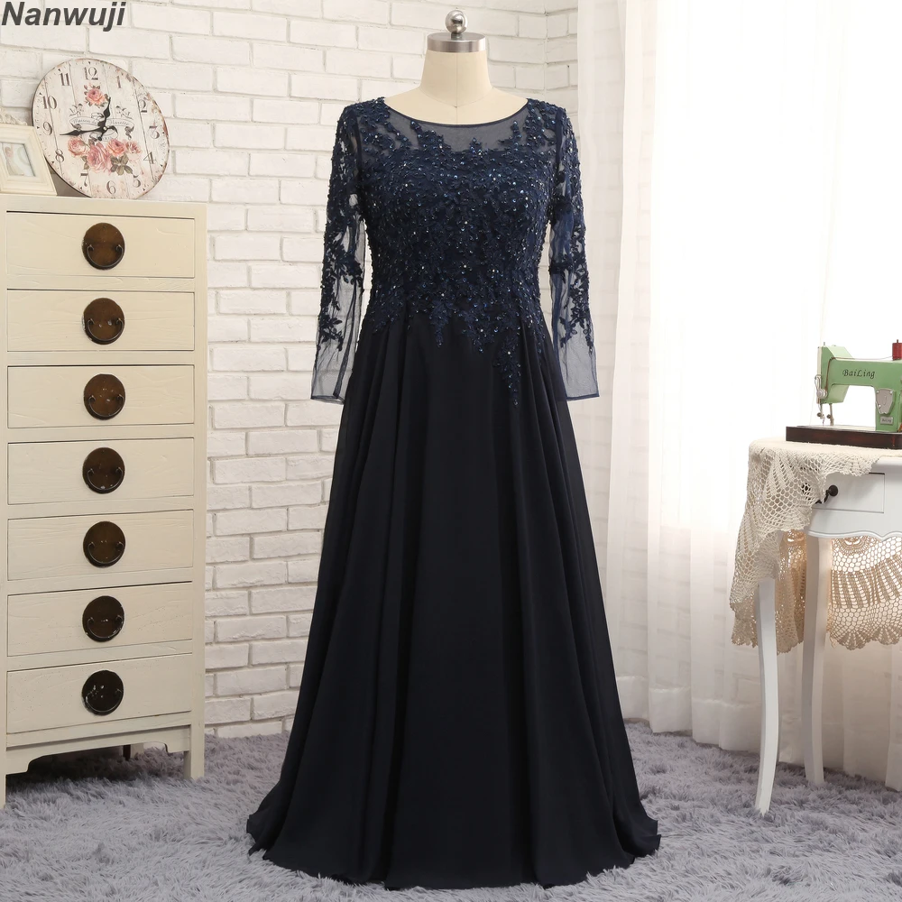 

Plus Size High collar Muslim Evening Dress With Long Sleeve Navy blue Colour closed Back Chiffon Cheap Prom Dress Formal Gown