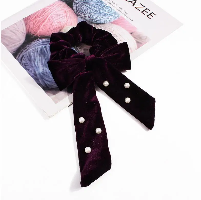 Модные бархатные веревки для волос для девочек, шарф с хвостом, Soild Ribbon Scrunchies, новые галстуки с хвостом, аксессуары для волос из жемчуга - Цвет: 3