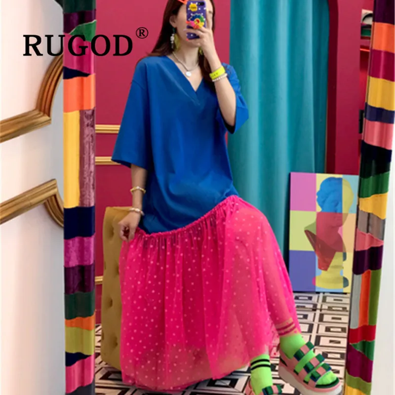 

RUGOD Korean backless lace patchwork women dress Eelgant Dot printed loose summer dresses vestidos Fashion 2019 beach dresses