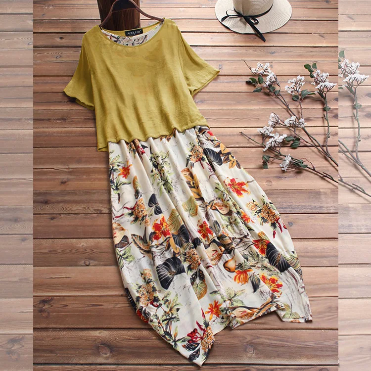 

QPFJQD Women Vintage Summer Two Pieces Dress Printed Short Sleeve Patchwork O-Neck Maxi Party Casual Dresses Cotton Vestidos