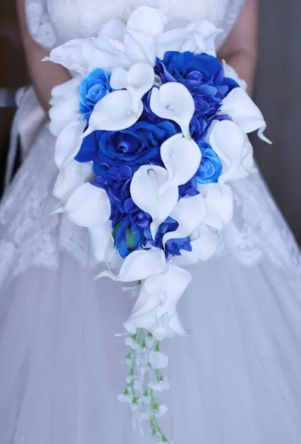 JaneVini водопад свадебные букеты с кристаллами белая Калла Лилия жемчуг бисером Искусственный Свадебный букеты flor novio - Цвет: Blue no Jewelry