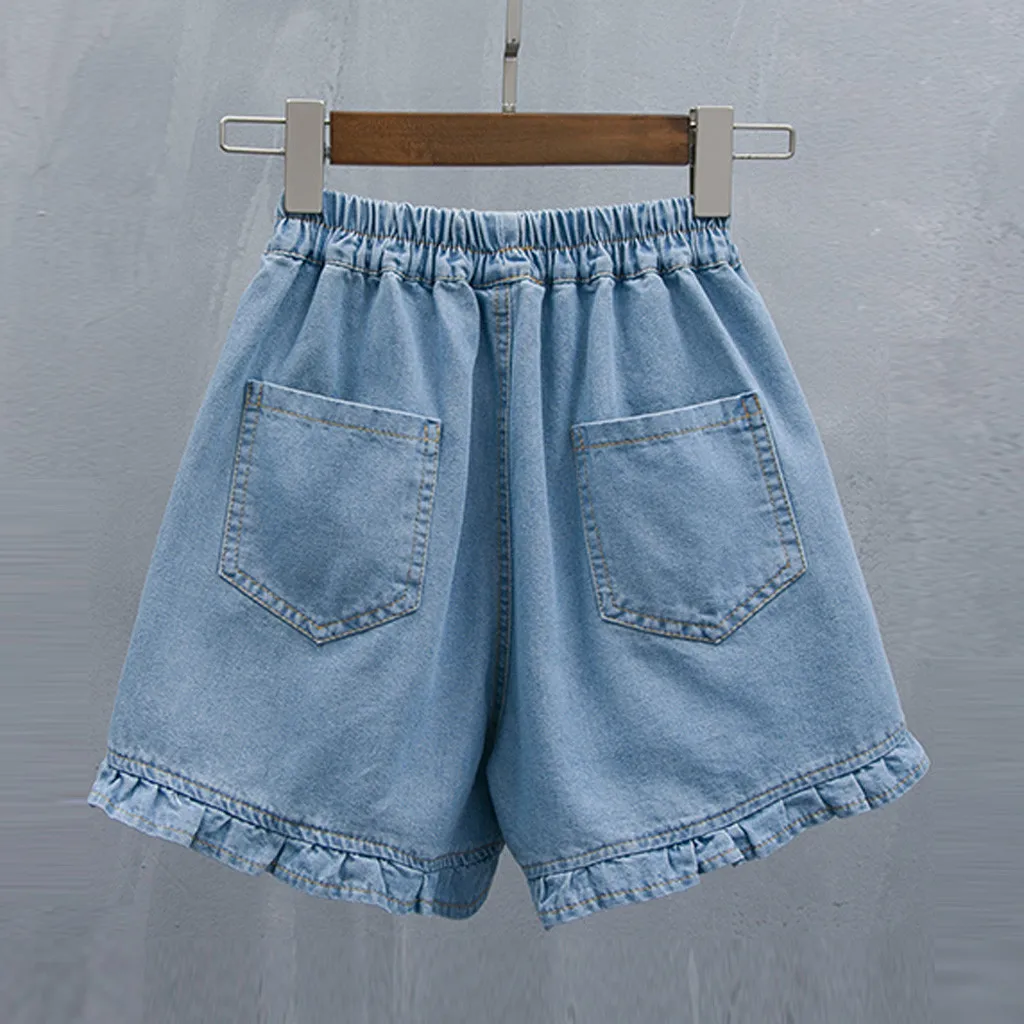 Джинсовые шорты женские летние джинсы, шорты модные повседневные свободные однотонные Короткие штаны с эластичной резинкой на талии с оборками размера плюс d90716