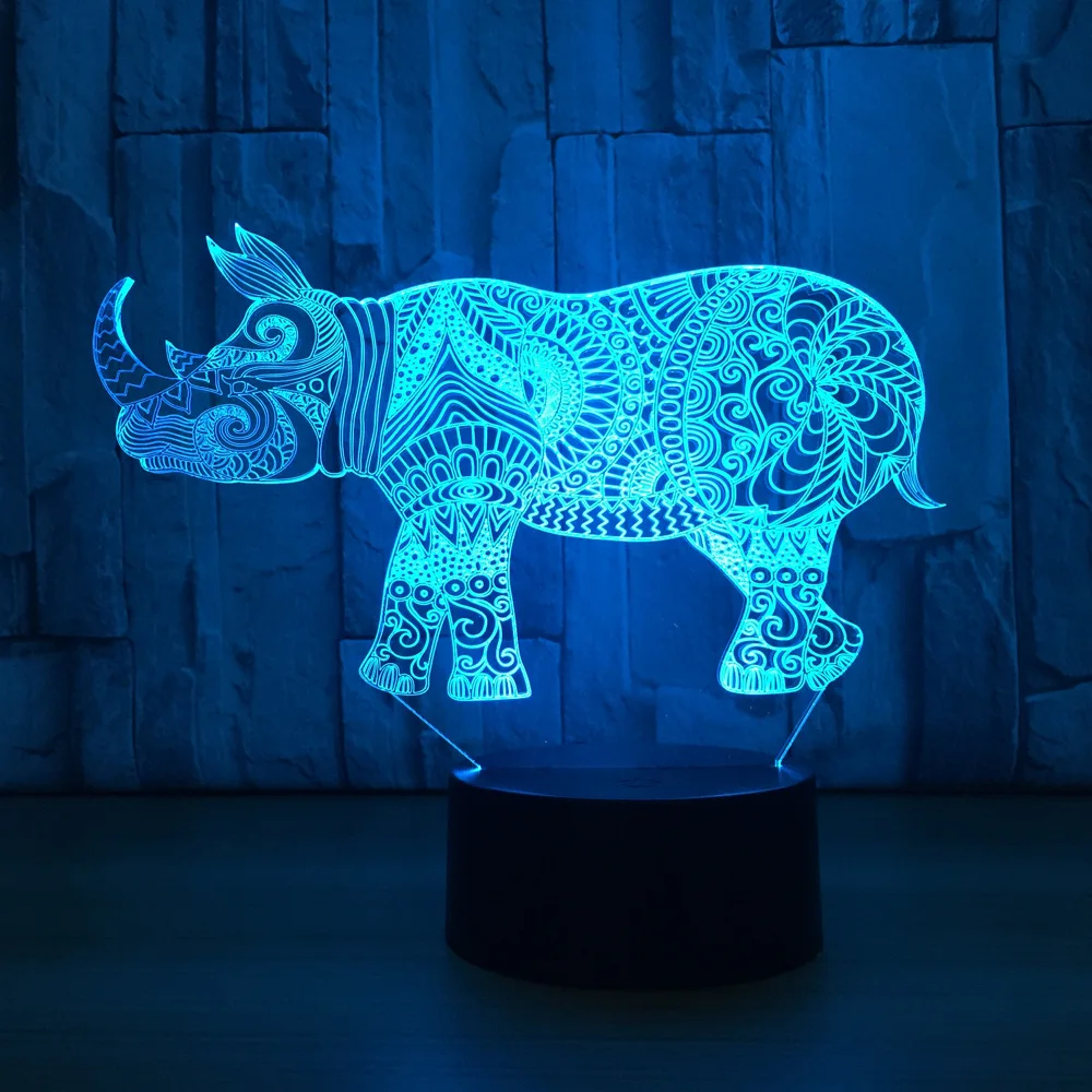 Носорог 3D Night Light 7 цветов свет настольной лампы Атмосфера дома декоративные огни 753