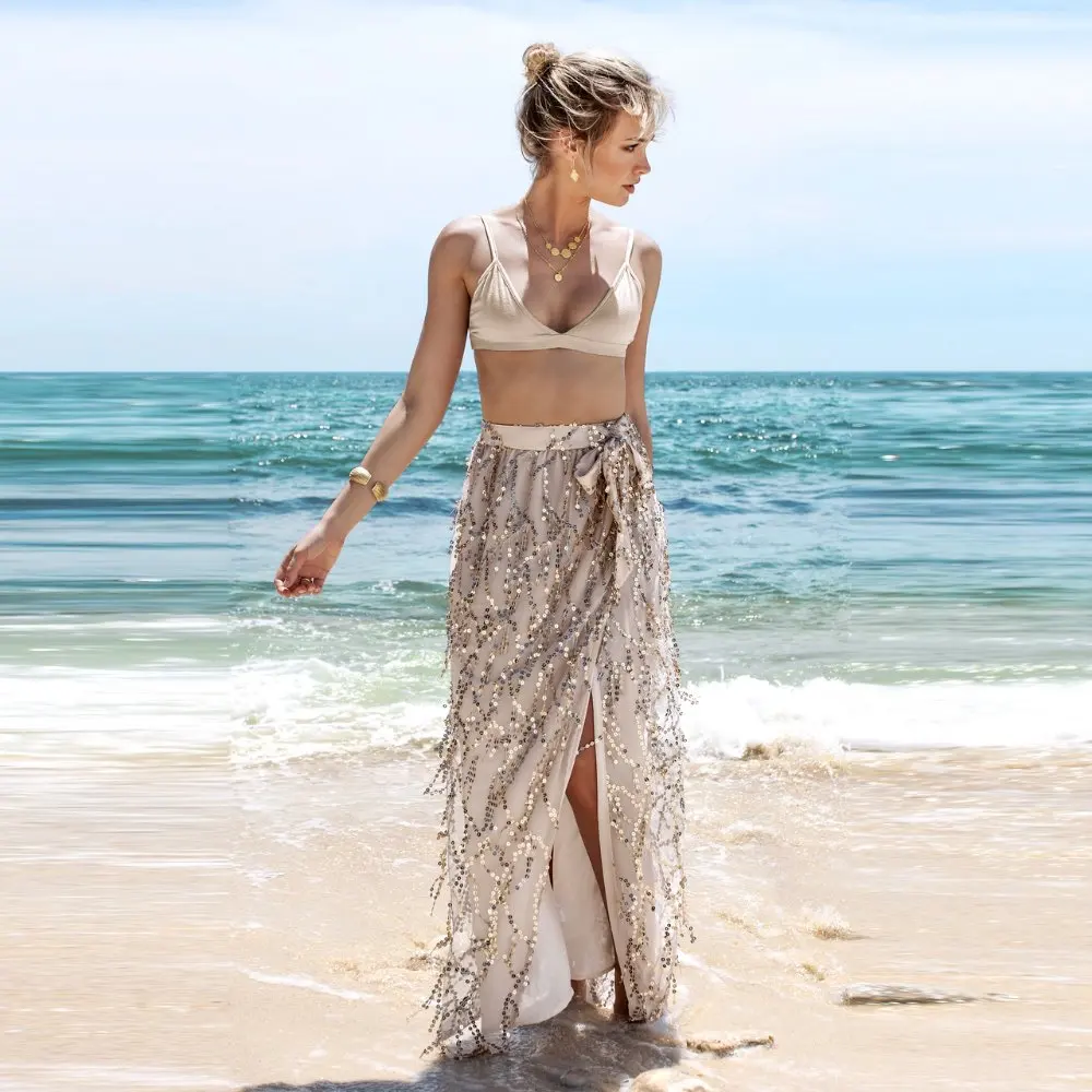 Womens Sexy Gauze Sequined Tassels Skirt Split Skirt Belt Beach Wear