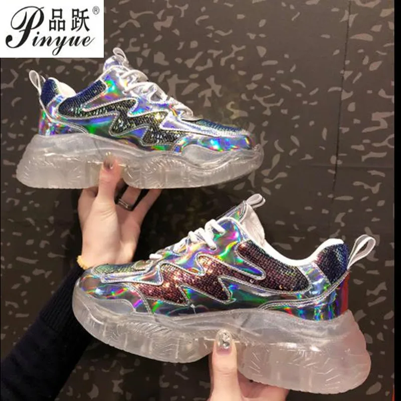 

Women Sneakers Fashion Breathable Sequined Cloth Bling Flat Chunky Crystal Shoes Summer Ladies 2019 Vulcanized Shoes