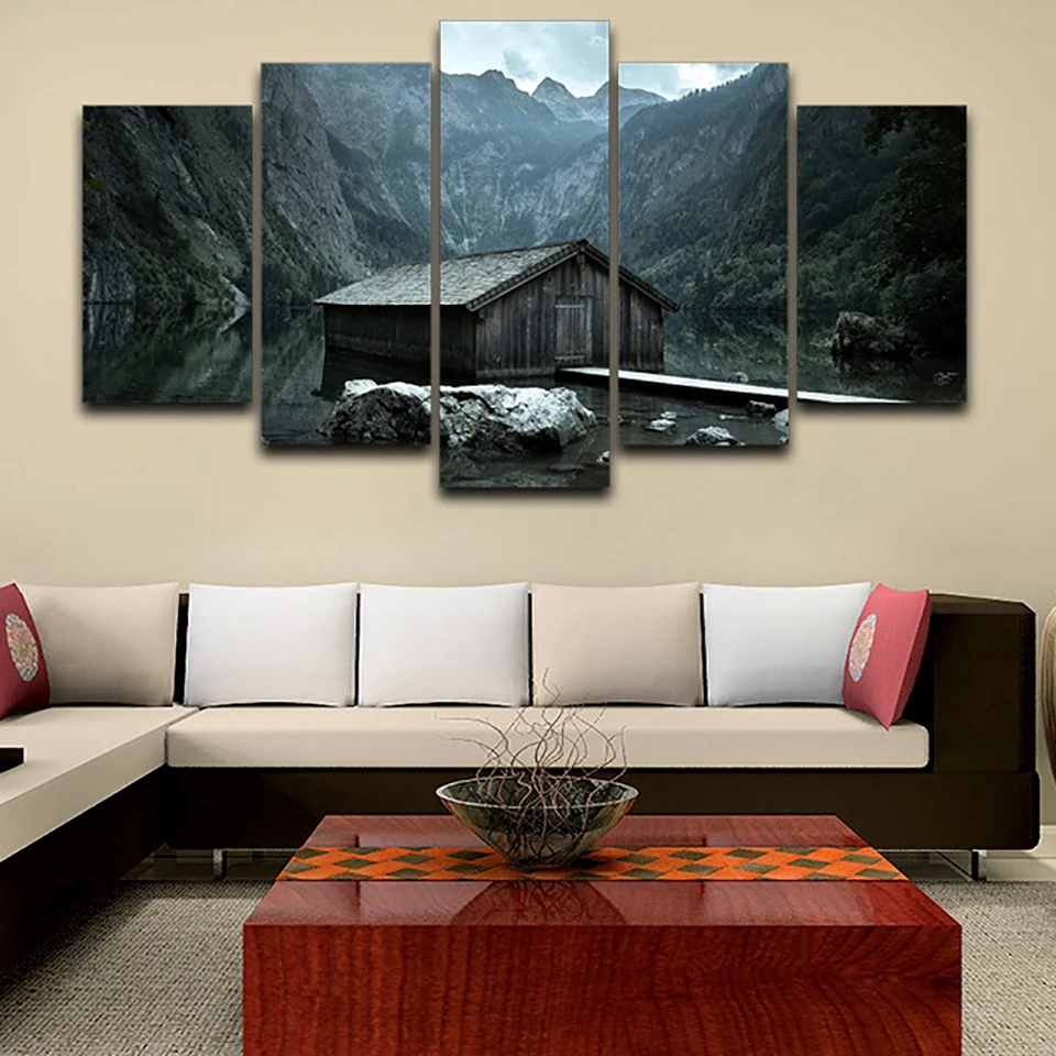 Frame Home Decor Living Room Wall Pictures 5 Panel Chalet Mountains Landscape Art Painting Modular HD Printed Canvas Poster | Дом и сад
