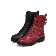 

CerdaChic Fashion Women's Winter Punk Rock Zipper Up Ankle Buckle Motorcycle Boots Lace Up Chic Martin Shoes Black Red Plus Size