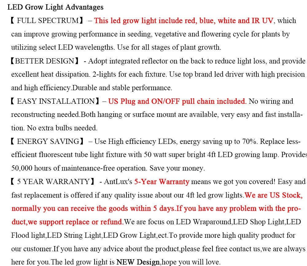 25 This led grow light include red, blue, white and IR UV, which can improve growing performance in seeding, vegetative and flowering cycle for plants by utilizing select LED wavelengths. Use for all stages of plant growth