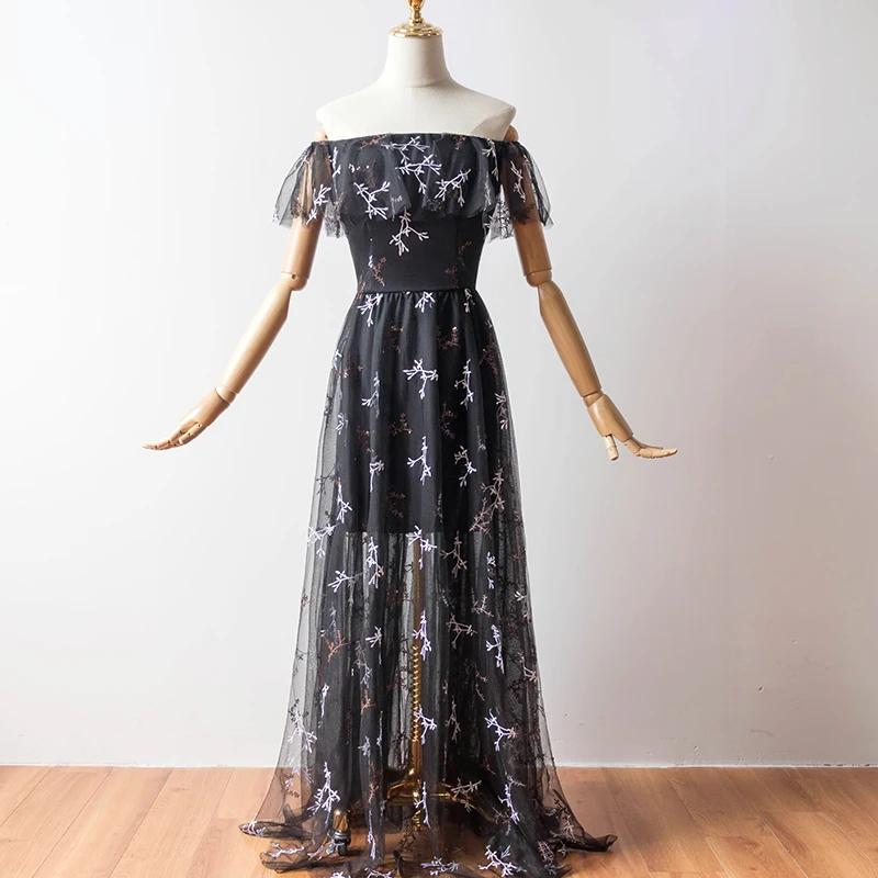 

Muyoms High Street Party Floral Embroidery Floor-length Off The Shoulder Empire Slash Neck Sweet Banquet Women Summer Dress