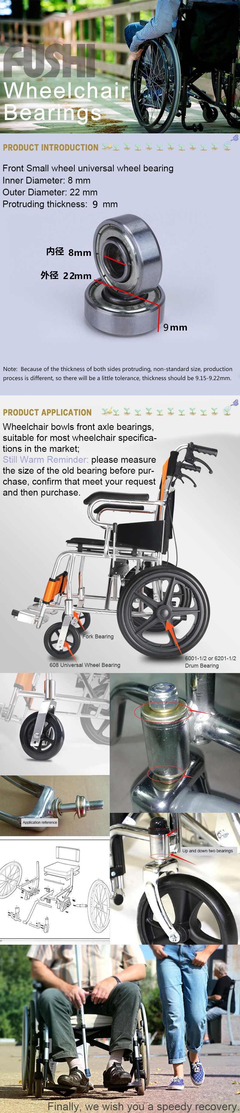 3 Pcs AXWERB Professional Wheelchair Front Wheel Small Bearing Anti-Friction 8 x 22 x 9mm Wheelchair Accessories 608 ZZ Universal Wheel Bearings 
