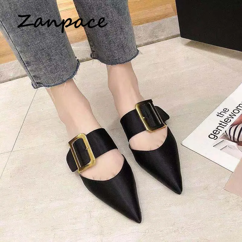 Zanpace New Low Slippers 2019 Buckle House Slides Pointed Top Fashion Woman Shoes Summer Platform Sandalias Ladies Flip Flop