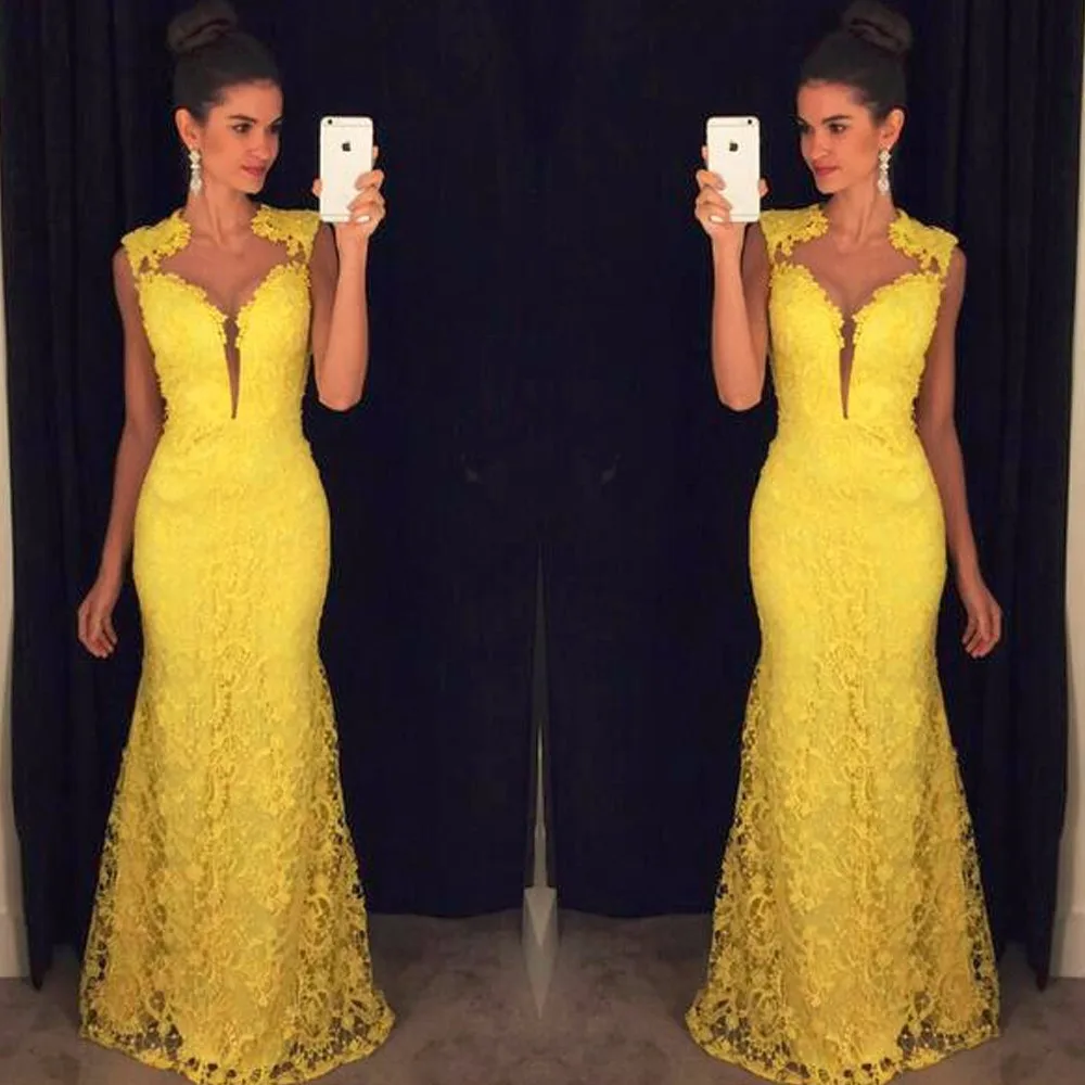 Robe de Soiree Longue African Elegant yellow Lace Mermaid Prom Dress Long Cheap Evening Gowns Vestido de Festa